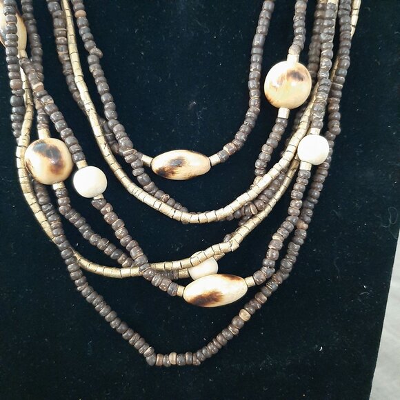 Multi-Strand Brown & tan Beaded Necklace Natural wood beads multi tone - Picture 2 of 3